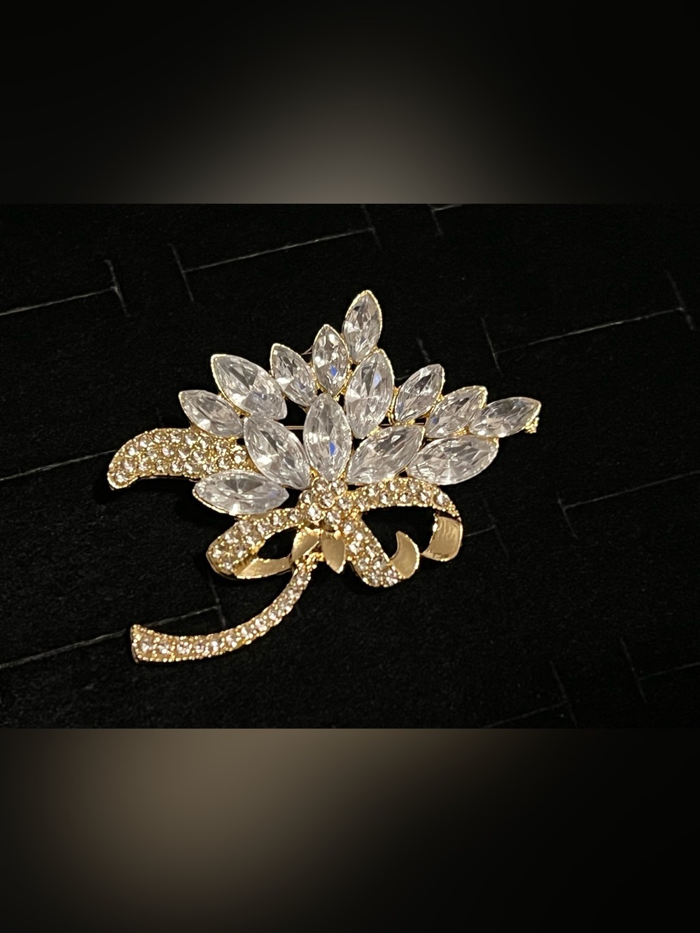 Gold toned marquise cut Crystal cluster  Floral Brooch - Elegant
